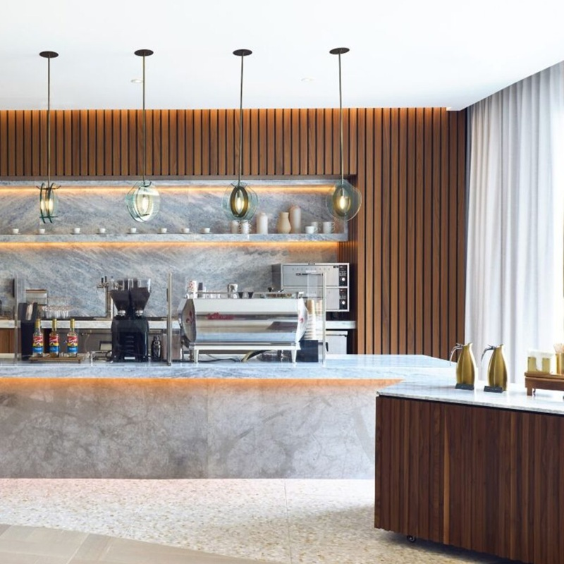 Quartzite countertops at a hotel lobby cafe