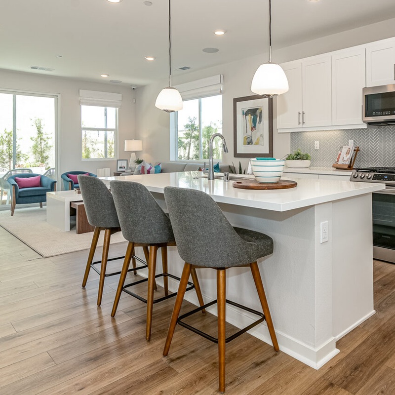 Quartz island in a single family home kitchen